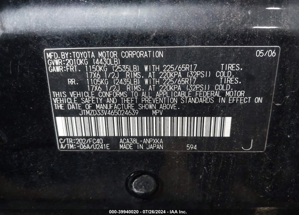 2006 TOYOTA RAV4 VIN: JTMZD33V465024639
