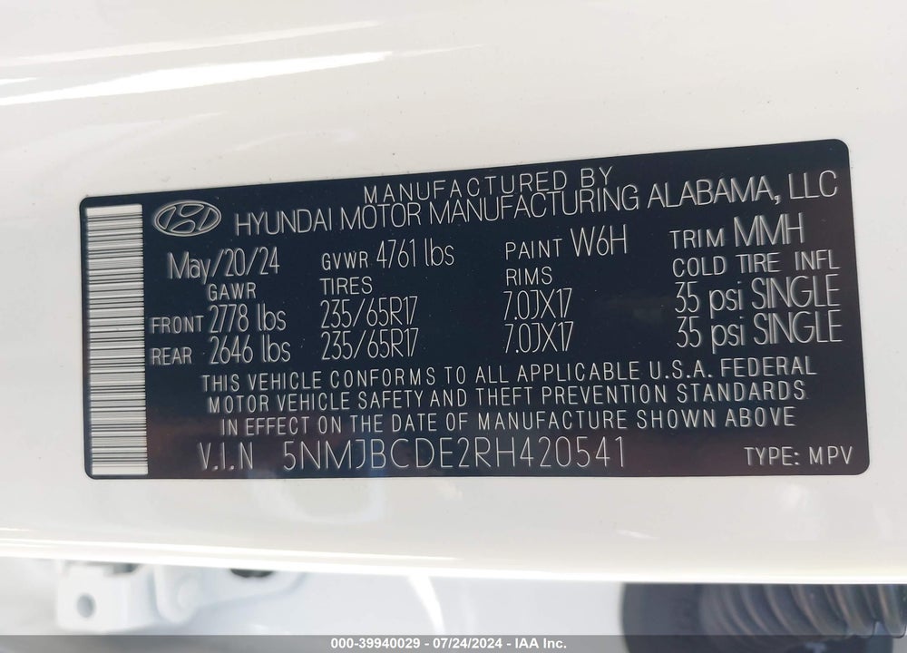 2024 HYUNDAI TUCSON SEL VIN: 5NMJBCDE2RH420541