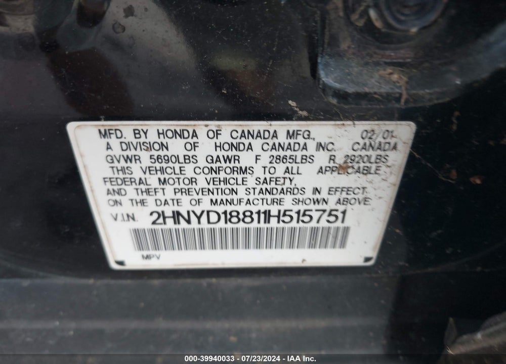 2001 ACURA MDX VIN: 2HNYD18811H515751