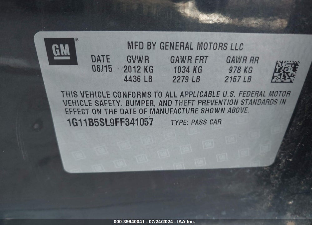 2015 CHEVROLET MALIBU LS VIN: 1G11B5SL9FF341057