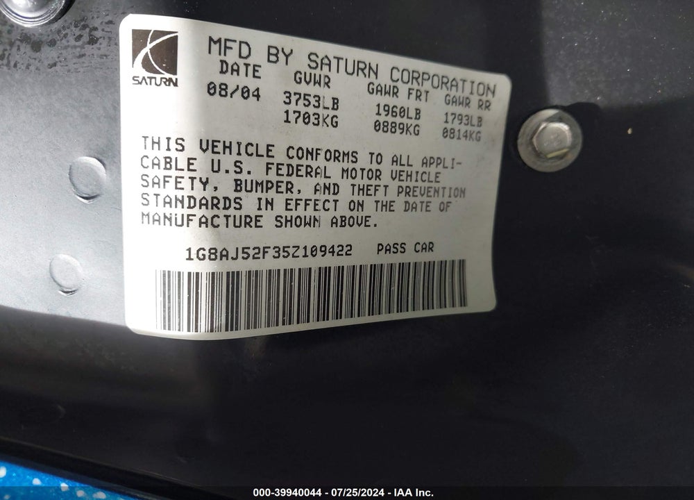 2005 SATURN ION 2 VIN: 1G8AJ52F35Z109422