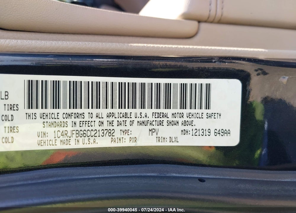 2012 JEEP GRAND CHEROKEE VIN: 1C4RJFBG6CC213782