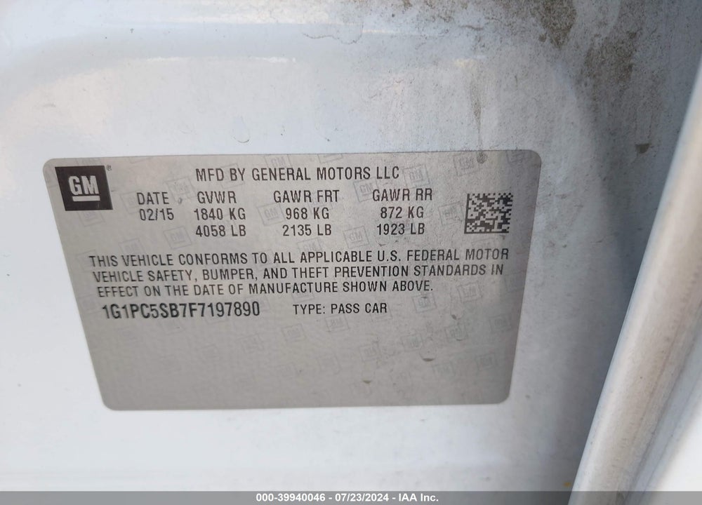 2015 CHEVROLET CRUZE 1LT AUTO VIN: 1G1PC5SB7F7197890