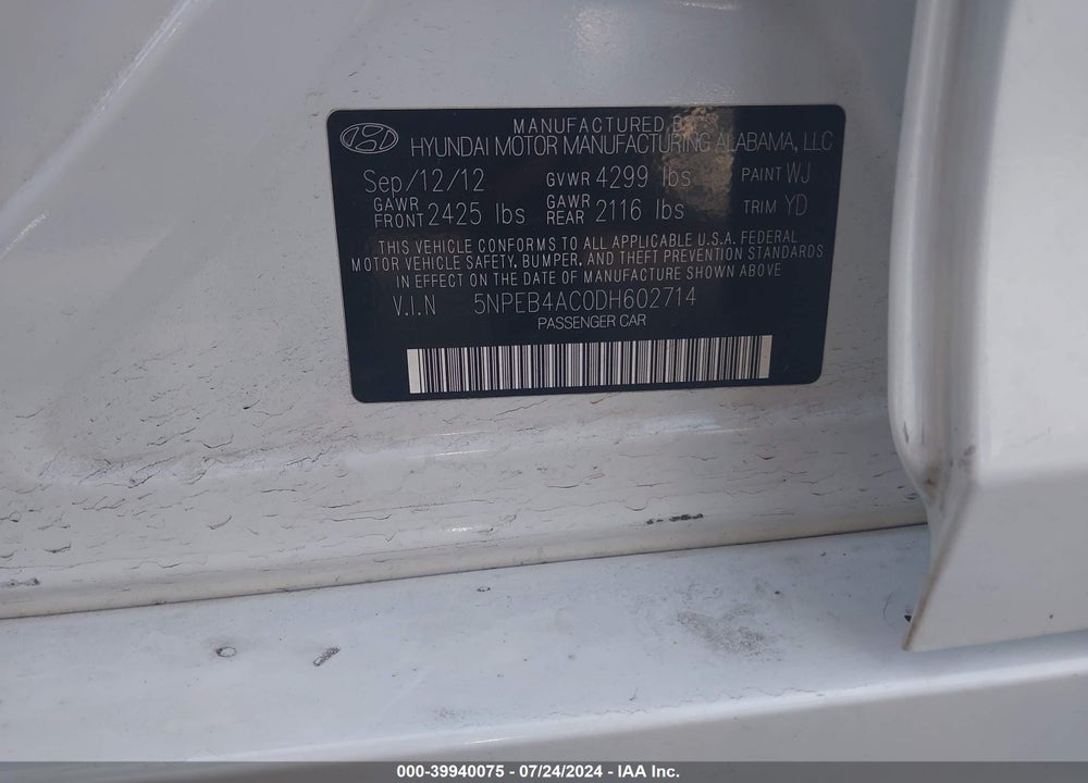 2013 HYUNDAI SONATA GLS VIN: 5NPEB4AC0DH602714