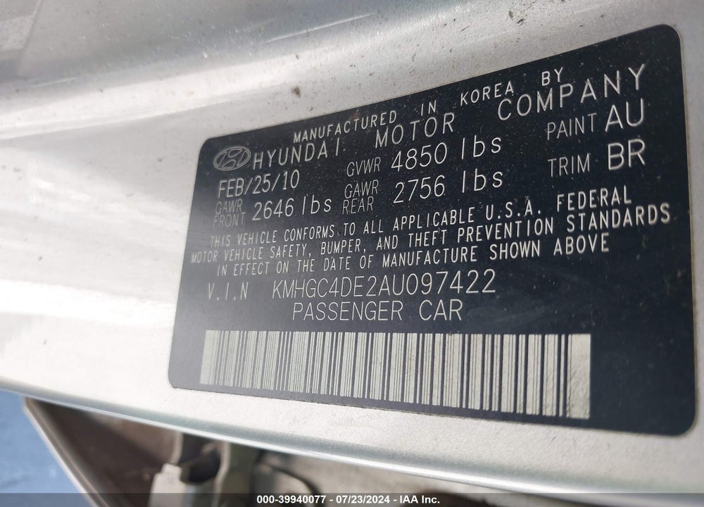 2010 HYUNDAI GENESIS 3.8 VIN: KMHGC4DE2AU097422