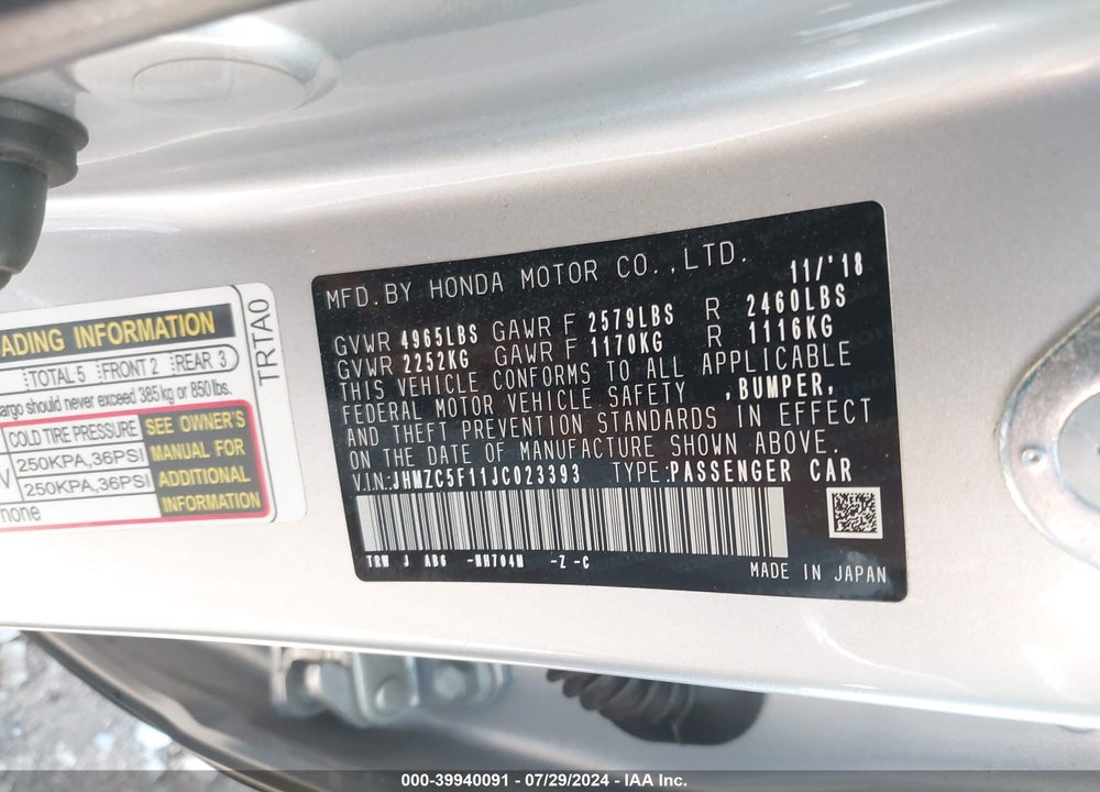 2018 HONDA CLARITY PLUG-IN HYBRID VIN: JHMZC5F11JC023393