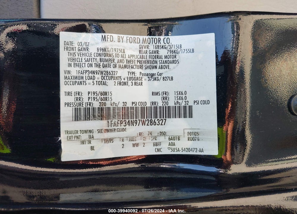 2007 FORD FOCUS S/SE/SES VIN: 1FAFP34N97W286327