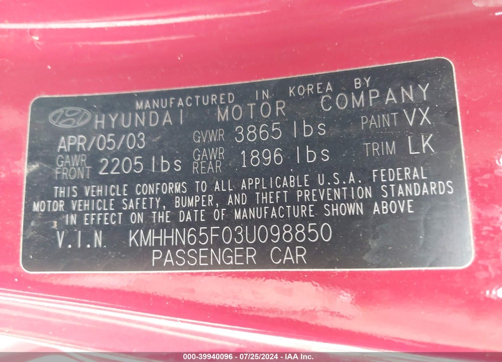 2003 HYUNDAI TIBURON VIN: KMHHN65F03U098850