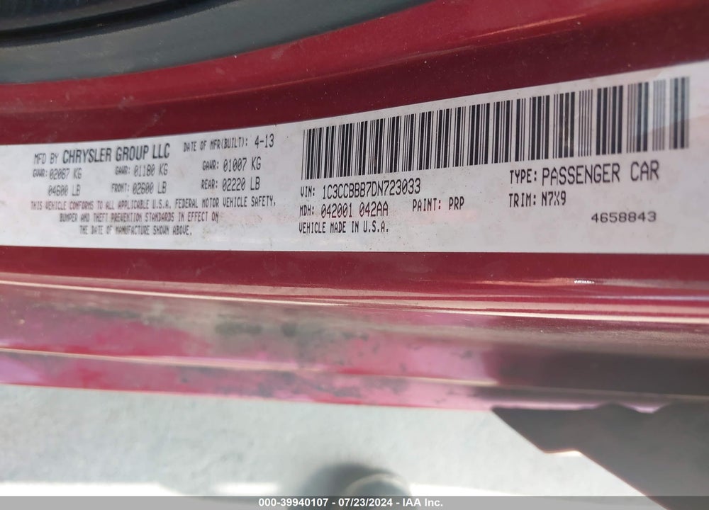 2013 CHRYSLER 200 TOURING VIN: 1C3CCBBB7DN723033