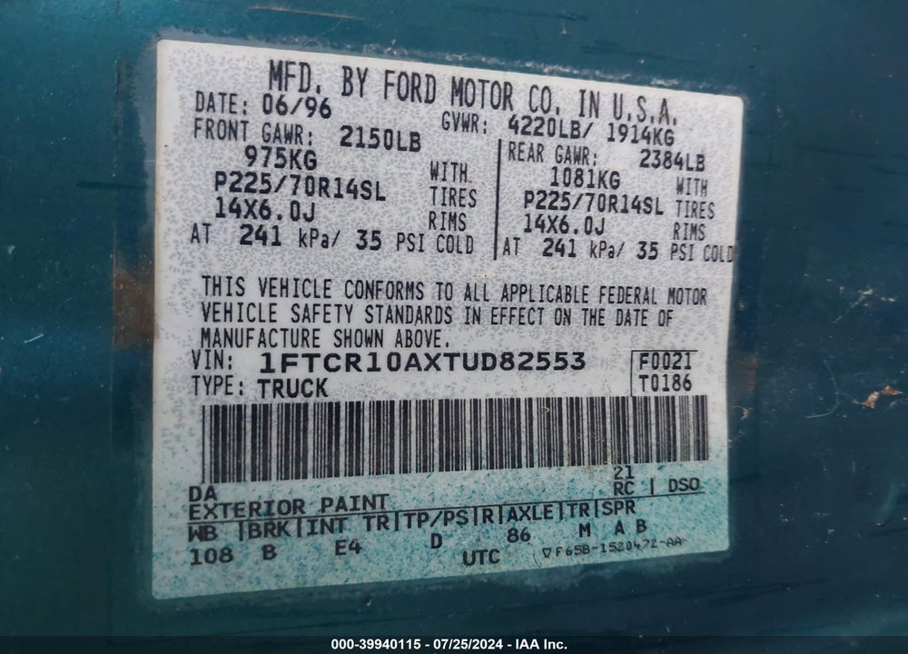 1996 FORD RANGER VIN: 1FTCR10AXTUD82553