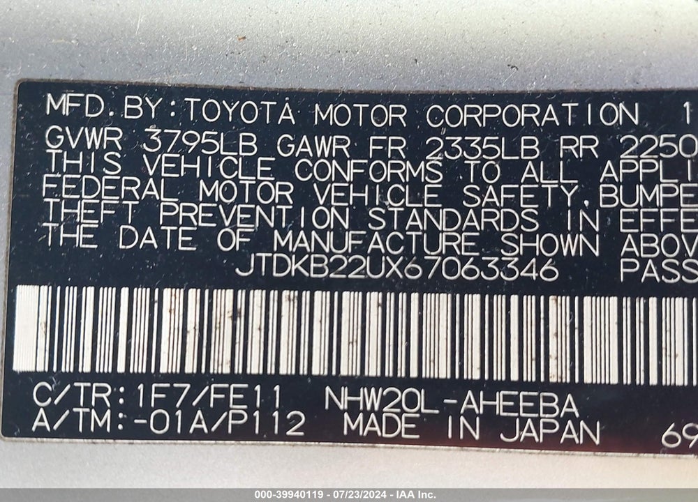 2006 TOYOTA PRIUS VIN: JTDKB22UX67063346