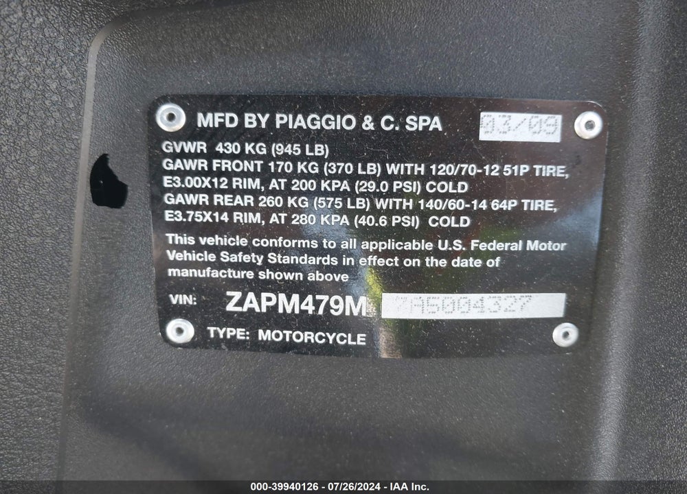 2010 PIAGGIO MP3 250 VIN: ZAPM479M7A5004327