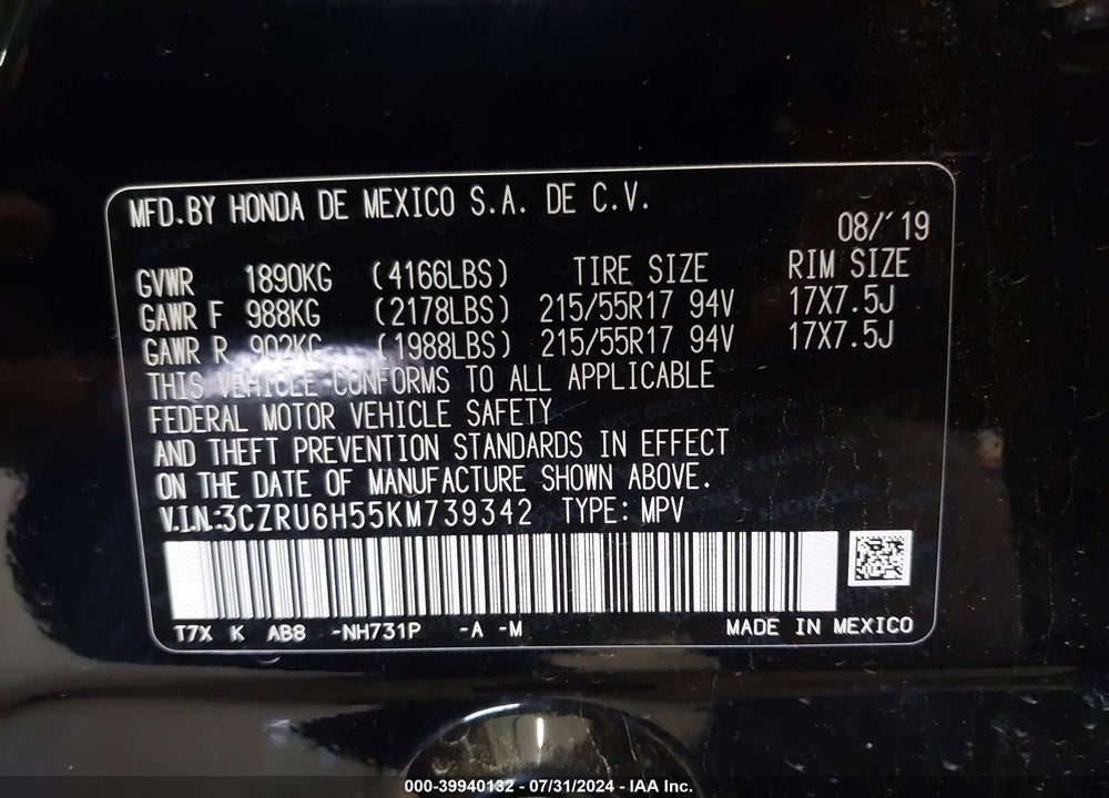 2019 HONDA HR-V EX VIN: 3CZRU6H55KM739342