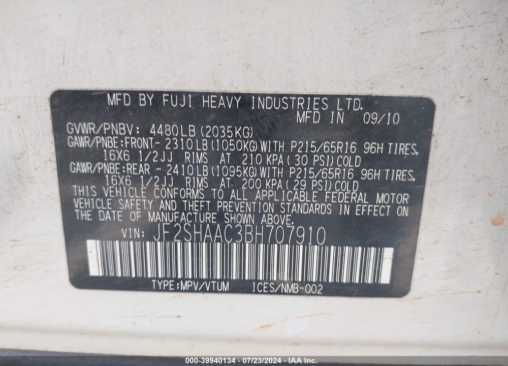 2011 SUBARU FORESTER 2.5X VIN: JF2SHAAC3BH707910