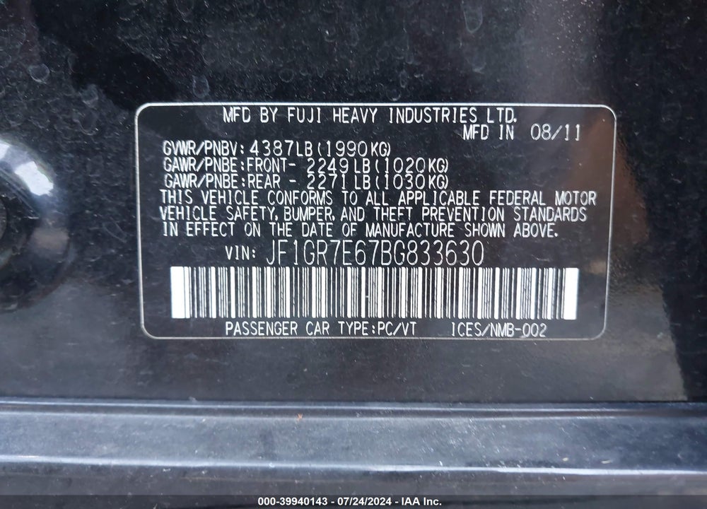 2011 SUBARU IMPREZA WRX/WRX PREMIUM VIN: JF1GR7E67BG833630