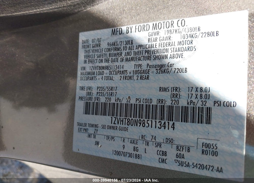 2008 FORD MUSTANG V6 DELUXE/V6 PREMIUM VIN: 1ZVHT80N985113414