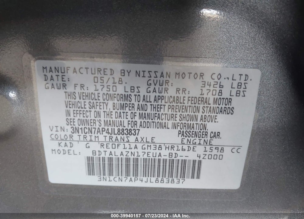 2018 NISSAN VERSA 1.6 S+ VIN: 3N1CN7AP4JL883837