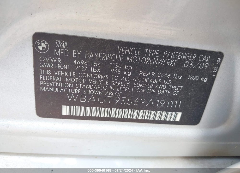 2009 BMW 328I VIN: WBAUT93569A191111