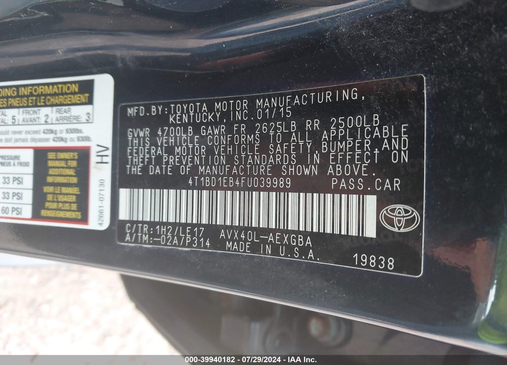 2015 TOYOTA AVALON HYBRID XLE TOURING VIN: 4T1BD1EB4FU039989