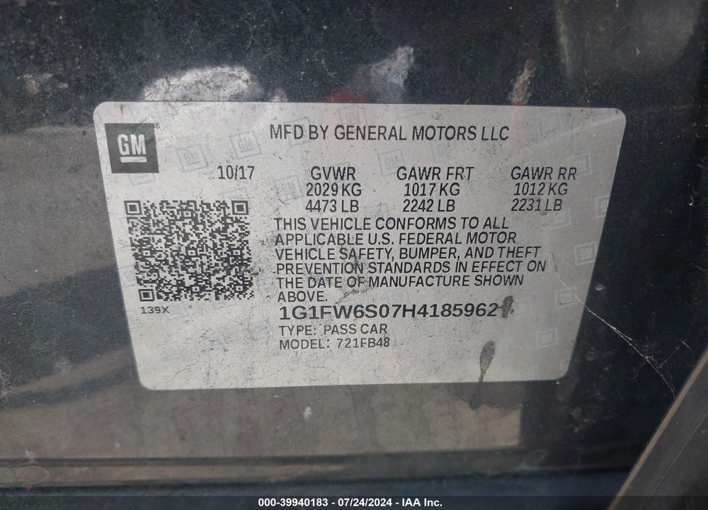 2017 CHEVROLET BOLT EV VIN: 1G1FW6S07H4185962