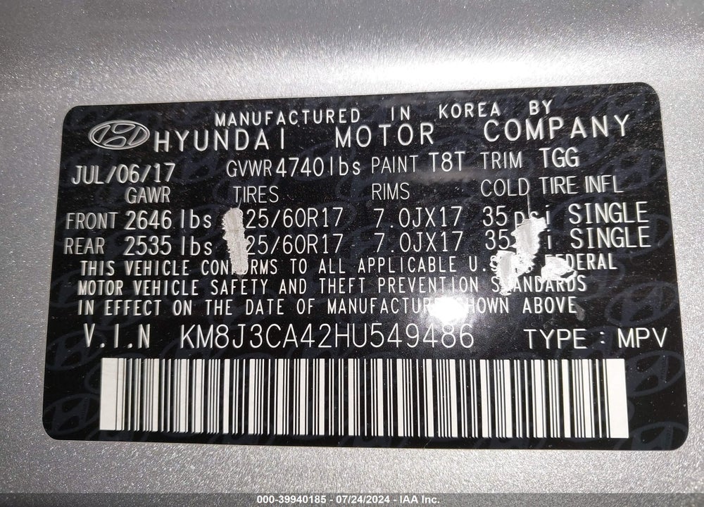 2017 HYUNDAI TUCSON SE VIN: KM8J3CA42HU549486