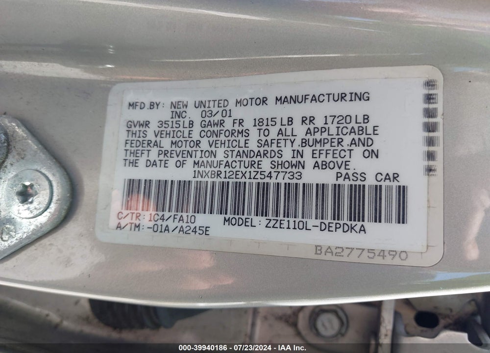 2001 TOYOTA COROLLA VIN: 1NXBR12EX1Z547733