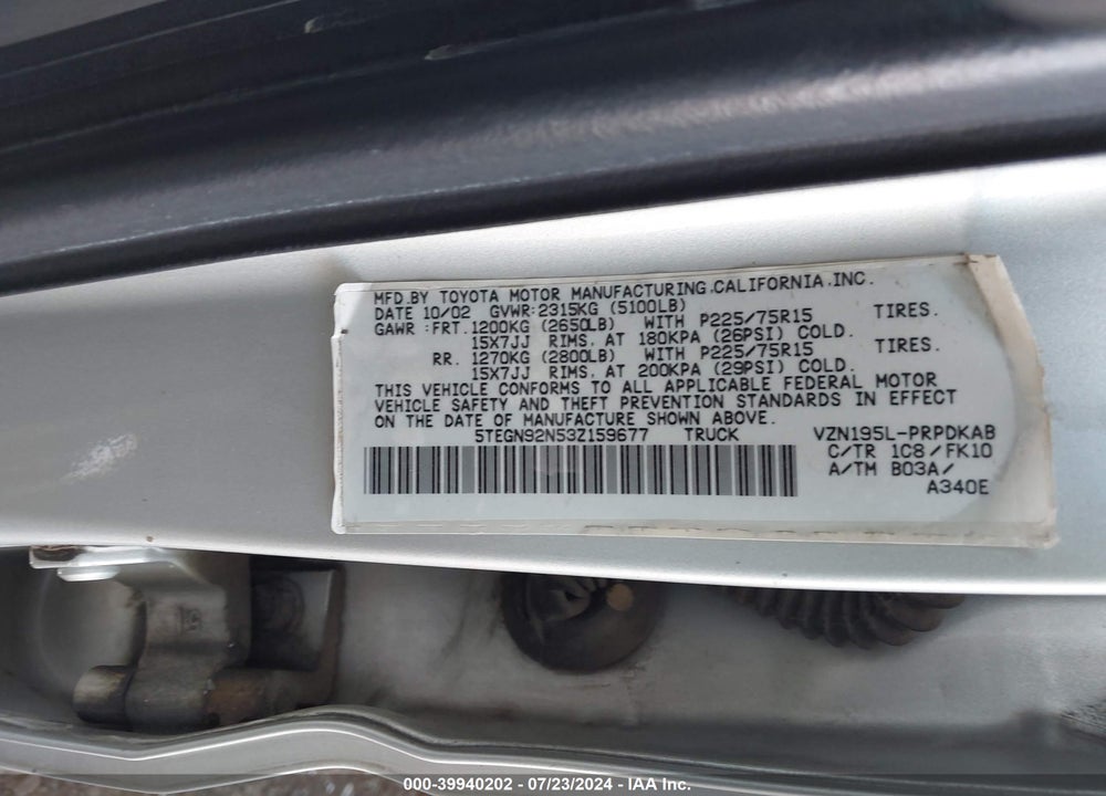 2003 TOYOTA TACOMA PRERUNNER V6 VIN: 5TEGN92N53Z159677