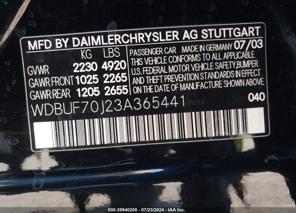2003 MERCEDES-BENZ E 500 VIN: WDBUF70J23A365441