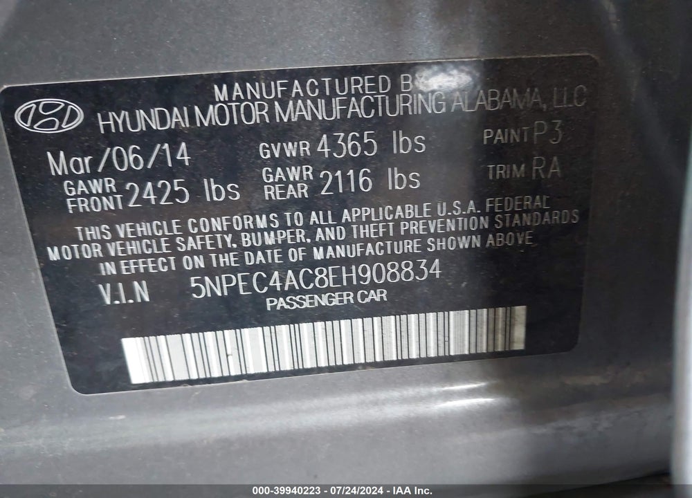 2014 HYUNDAI SONATA VIN: 5NPEC4AC8EH908834