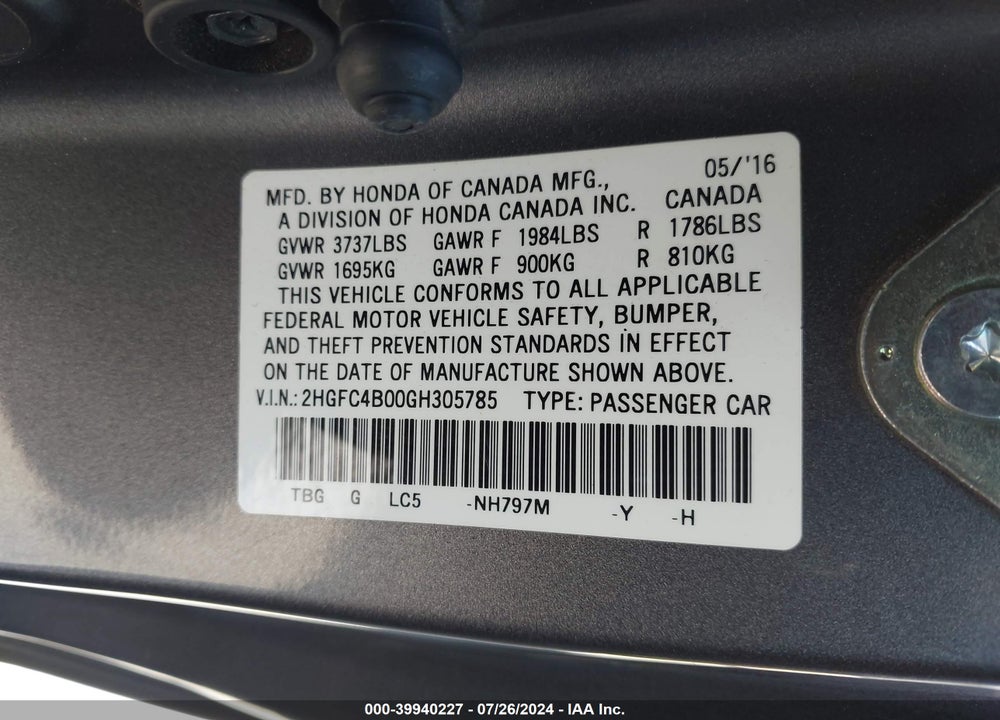 2016 HONDA CIVIC LX-P VIN: 2HGFC4B00GH305785