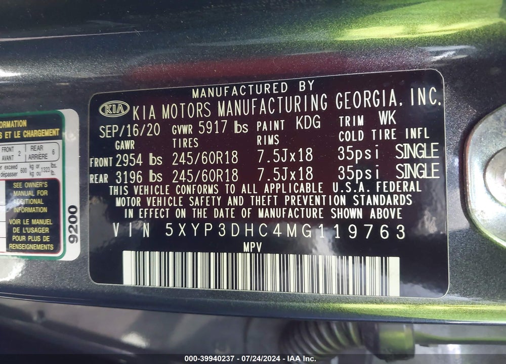2021 KIA TELLURIDE EX VIN: 5XYP3DHC4MG119763