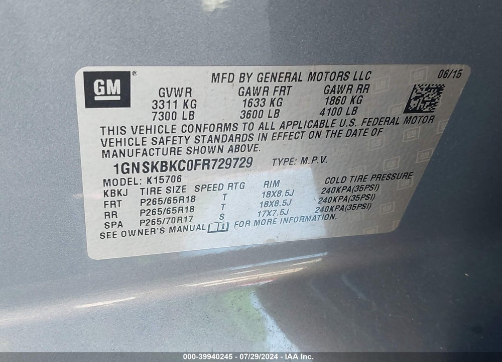 2015 CHEVROLET TAHOE LT VIN: 1GNSKBKC0FR729729