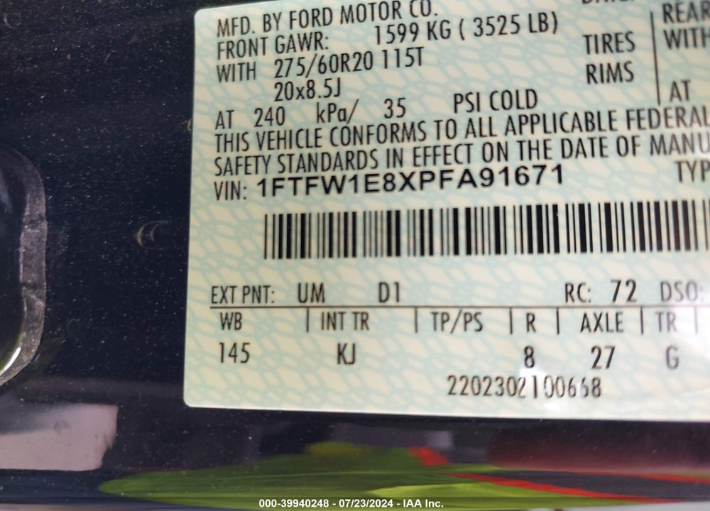 2023 FORD F-150 KING RANCH VIN: 1FTFW1E8XPFA91671