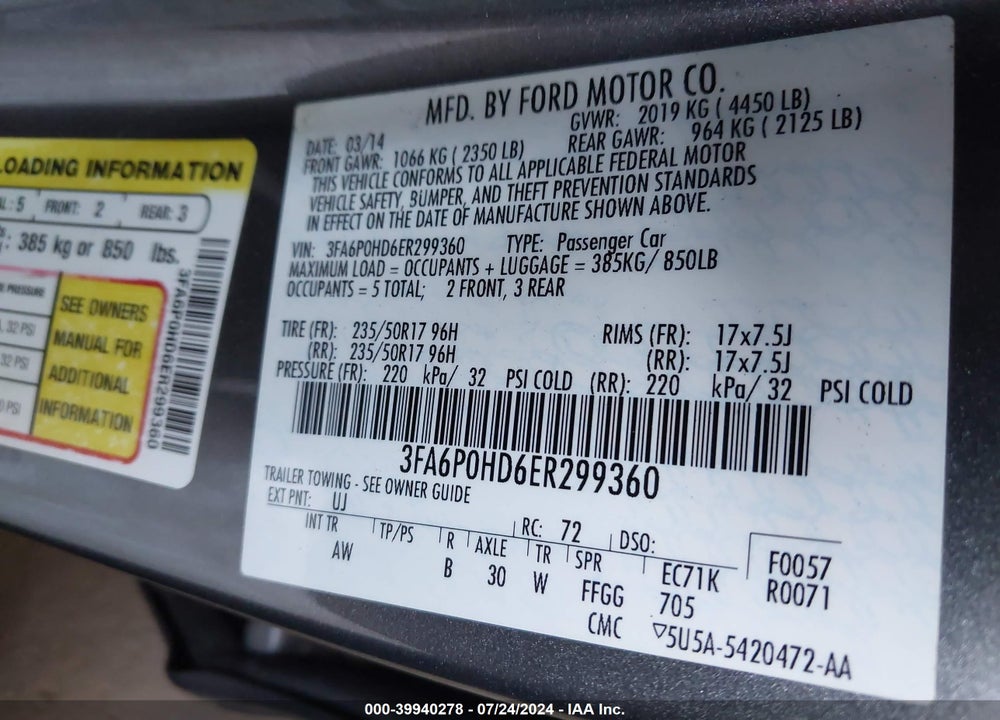 2014 FORD FUSION SE VIN: 3FA6P0HD6ER299360
