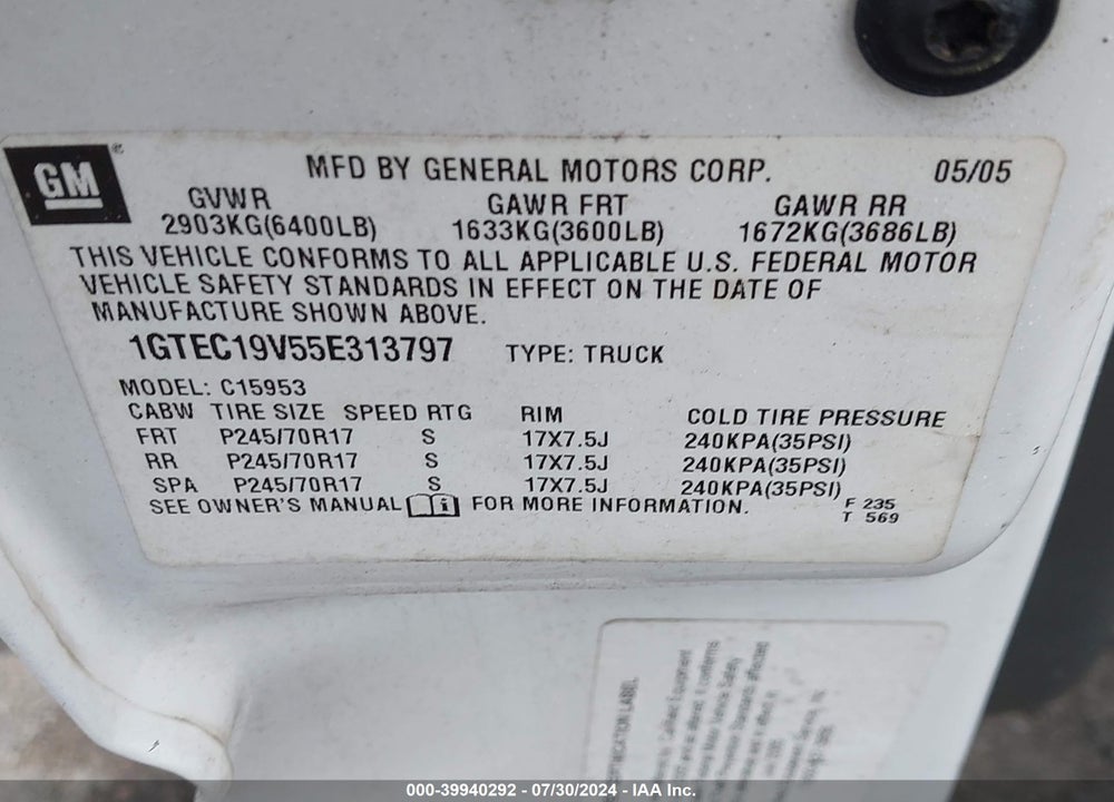 2005 GMC SIERRA 1500 WORK TRUCK VIN: 1GTEC19V55E313797