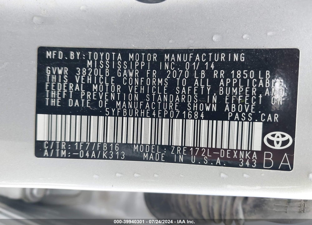 2014 TOYOTA COROLLA LE VIN: 5YFBURHE4EP071684
