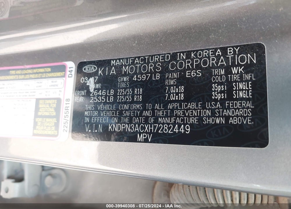 2017 KIA SPORTAGE EX VIN: KNDPN3ACXH7282449