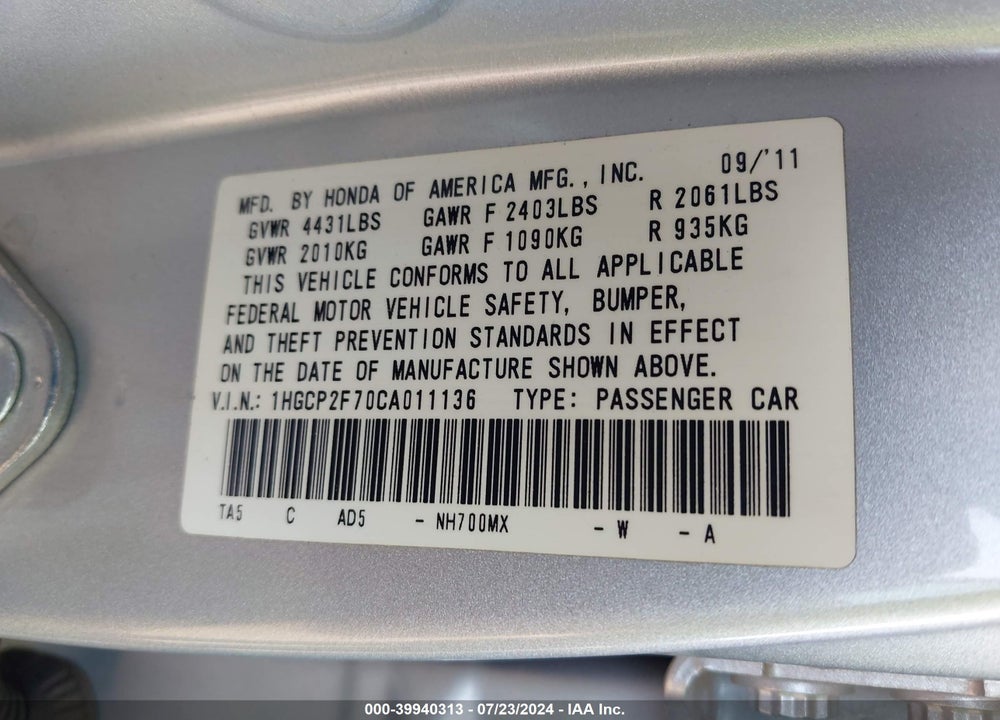 2012 HONDA ACCORD 2.4 EX VIN: 1HGCP2F70CA011136