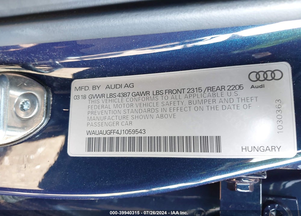 2018 AUDI A3 2.0T PREMIUM/2.0T TECH PREMIUM VIN: WAUAUGFF4J1059543