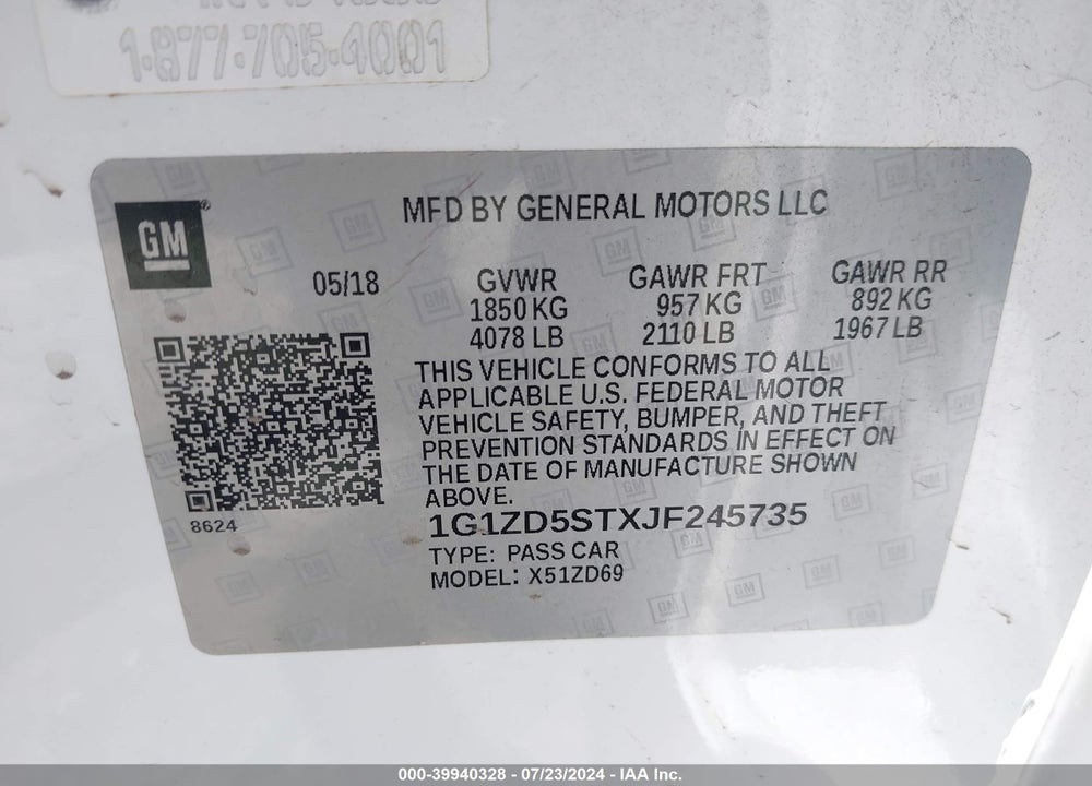 2018 CHEVROLET MALIBU LT VIN: 1G1ZD5STXJF245735