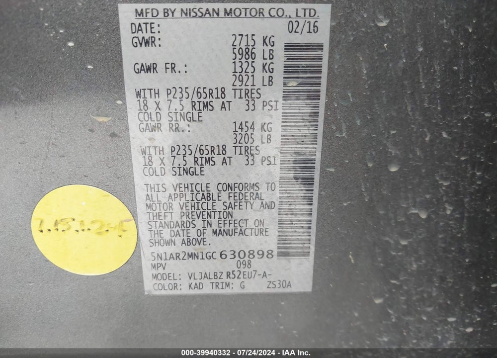 2016 NISSAN PATHFINDER PLATINUM/S/SL/SV VIN: 5N1AR2MN1GC630898