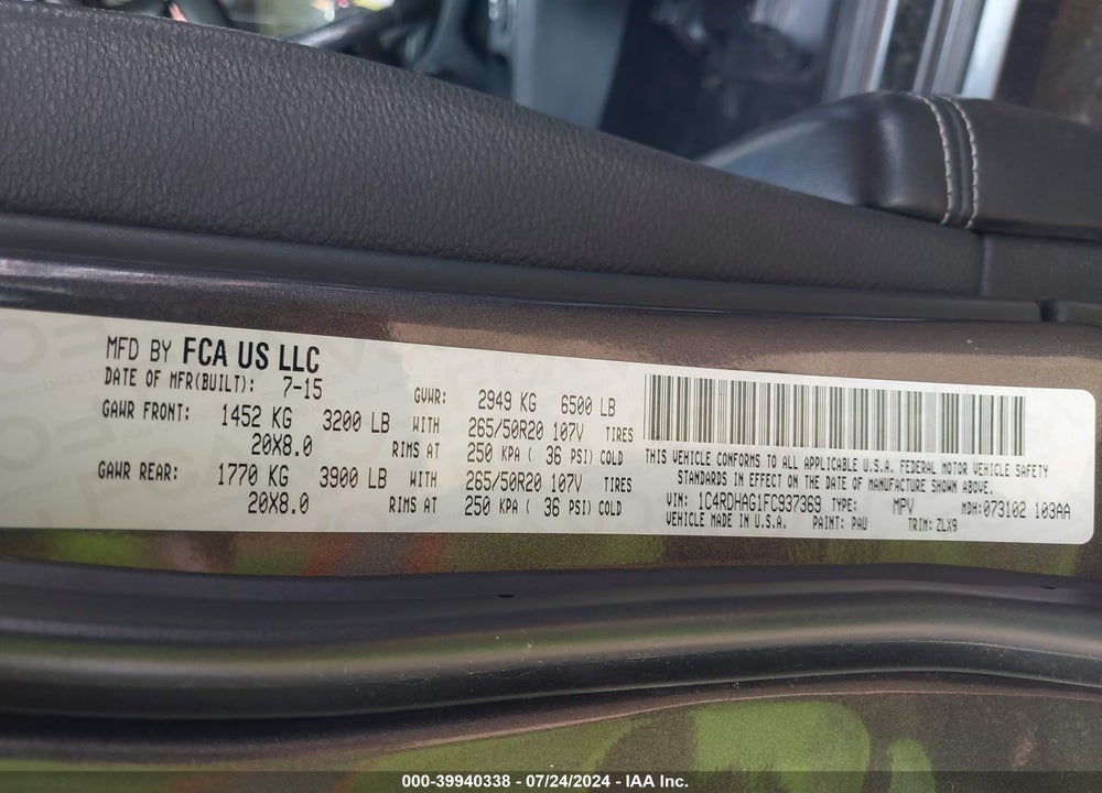 2015 DODGE DURANGO SXT VIN: 1C4RDHAG1FC937369