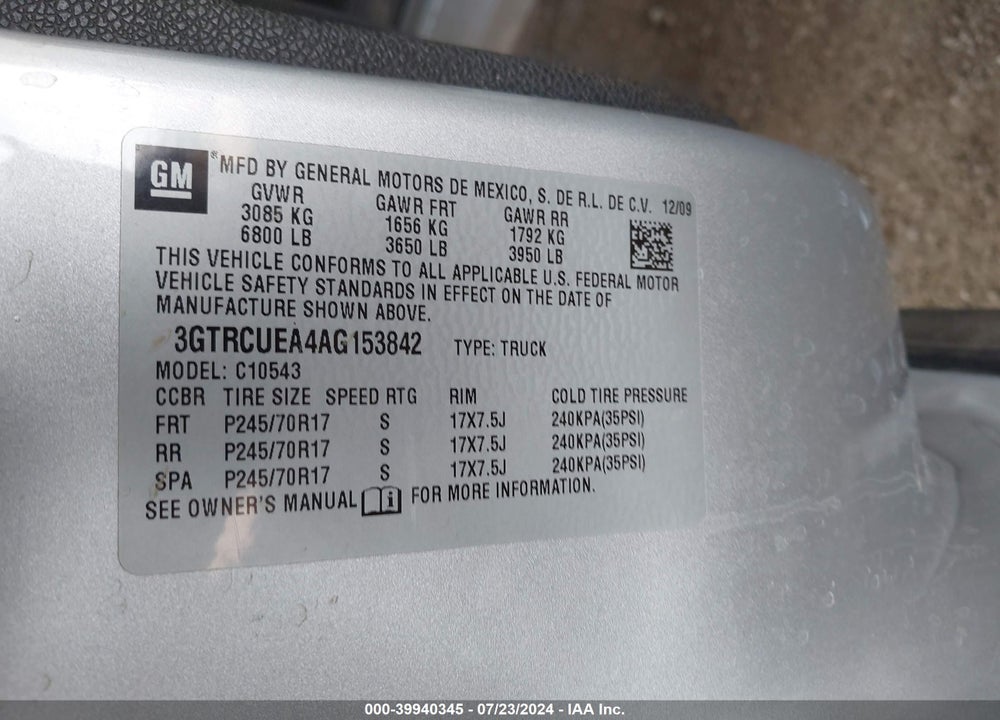 2010 GMC SIERRA 1500 SL VIN: 3GTRCUEA4AG153842
