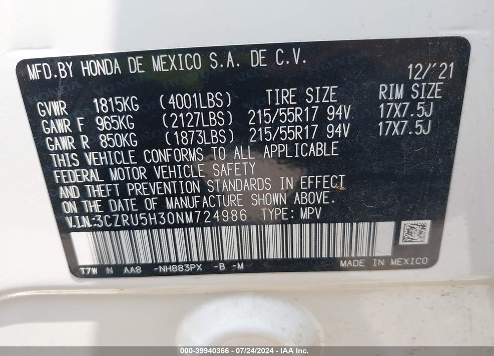2022 HONDA HR-V 2WD LX VIN: 3CZRU5H30NM724986