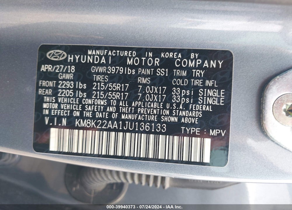 2018 HYUNDAI KONA SEL VIN: KM8K22AA1JU136133
