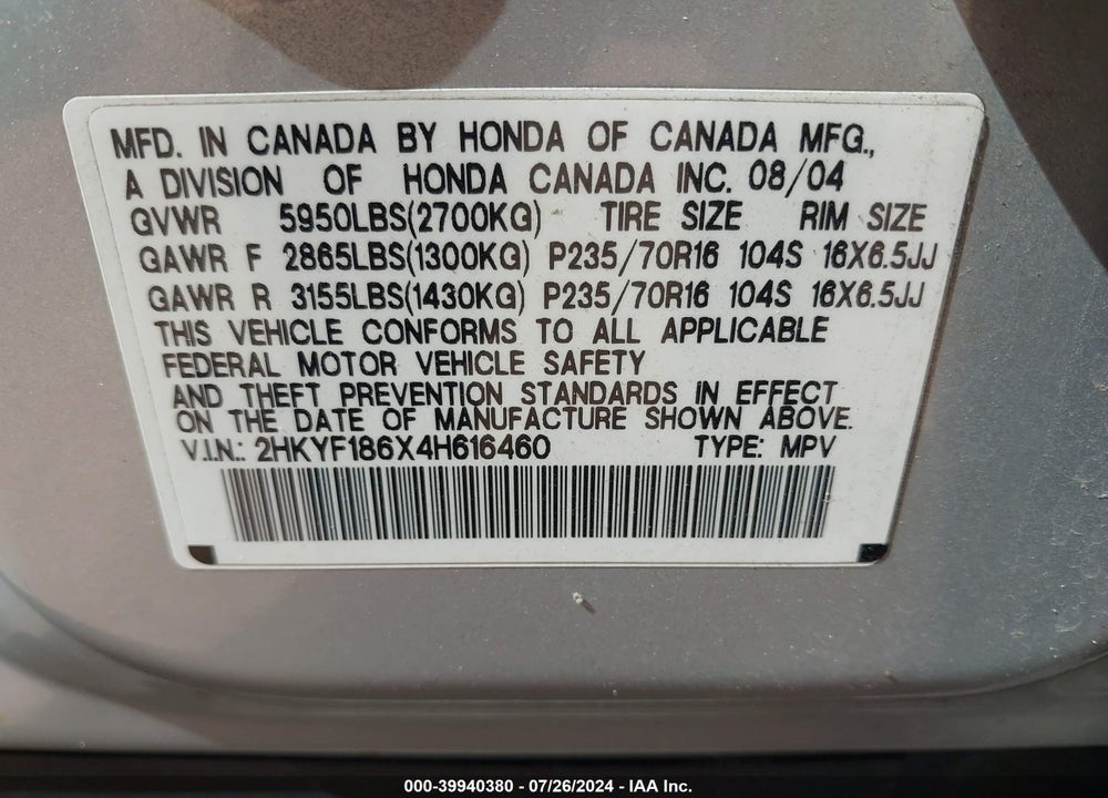 2004 HONDA PILOT EX-L VIN: 2HKYF186X4H616460