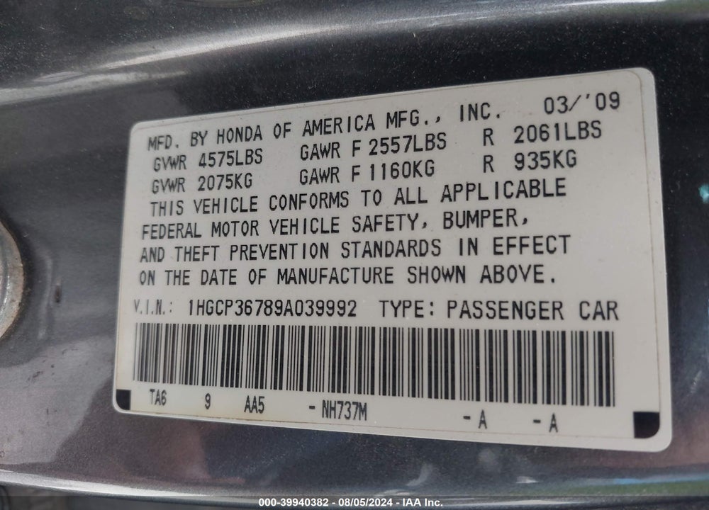 2009 HONDA ACCORD 3.5 EX VIN: 1HGCP36789A039992