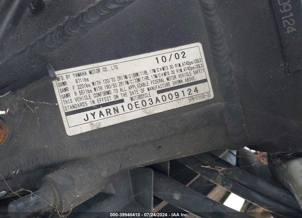 2003 YAMAHA YZFR1 VIN: JYARN10E03A009124