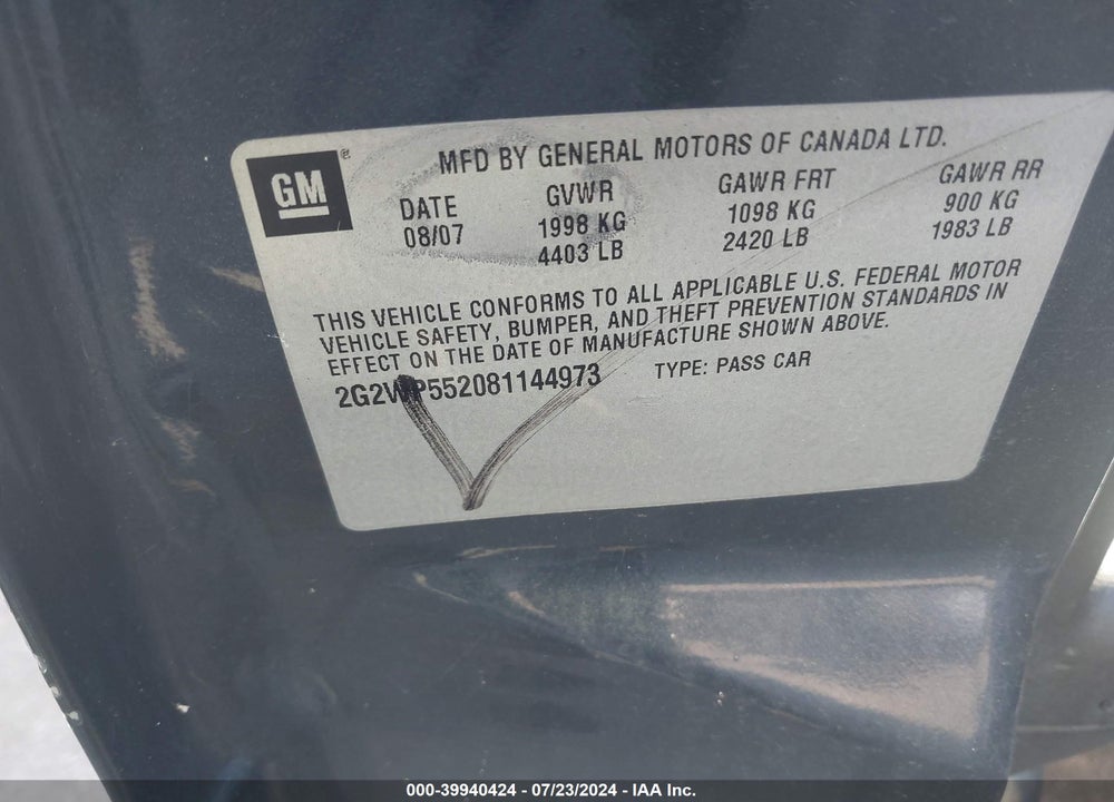 2008 PONTIAC GRAND PRIX VIN: 2G2WP552081144973
