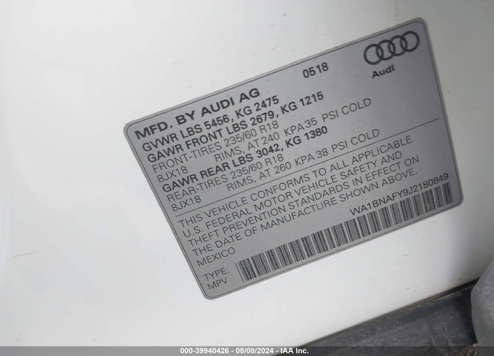 2018 AUDI Q5 2.0T PREMIUM/2.0T TECH PREMIUM VIN: WA1BNAFY9J2180849
